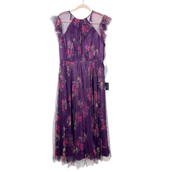 NWT Mac Duggal Purple Floral Flutter Sleeve Midi Dress Plum Multi Small #8536 - Picture 7 of 10